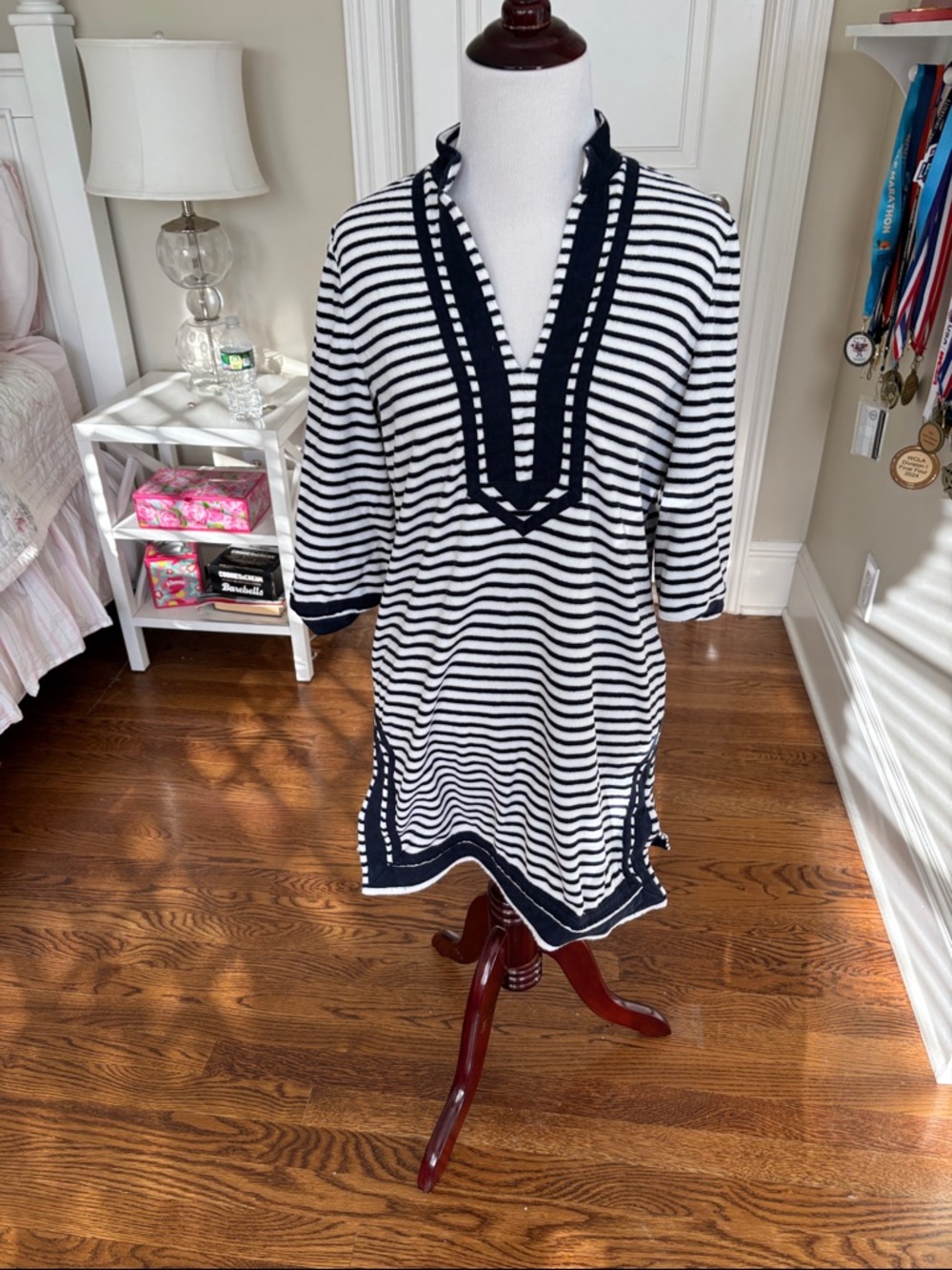 Tory Burch Navy and White Striped Pullover Swim Coverup